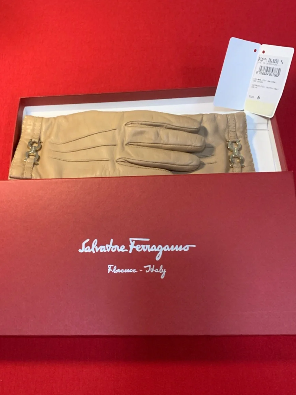 EUC Salvatore Ferragamo Tan Leather Gloves with Gold Gancini Details